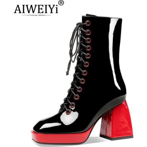 AIWEIYi Women Autumn Winter Thick Heel Platform Shoes Square Toe Patent Leather Super High Heel Lace Up Ankle Boots Short Boots
