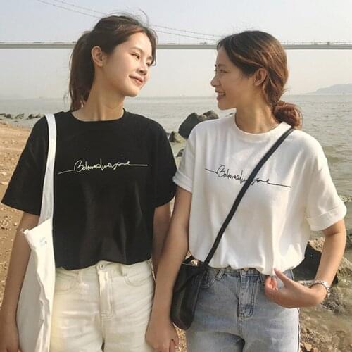 Female Tees Fashion Casual Round Neck Short Sleeve T Shirt Loose Letter Print Pullover Simple T-Shirt Bestie Tops