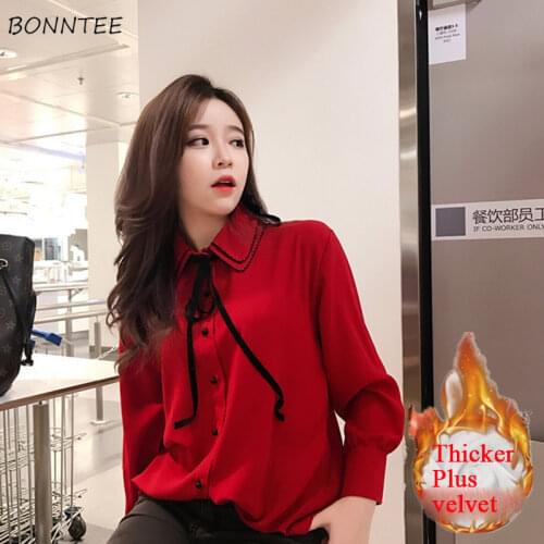 Shirts Women 2020 Winter Thicker Plus Velvet Warm Bow Solid All-match Elegant Ladies Shirt Womens Large Size Korean Blouses Chic