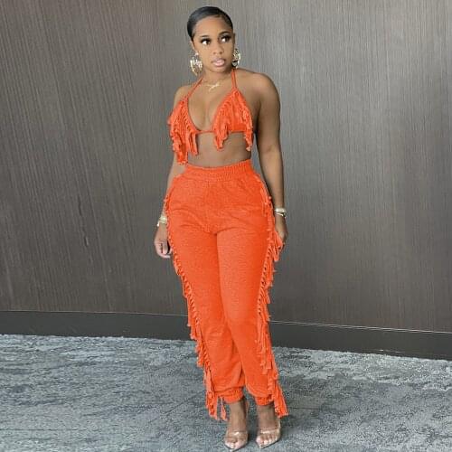 Tassels Backless Hanging Neck Crop Top and High Waist Jogger Sweatpant for Women Fashion Summer Off Shoulder Two Piece Outfits