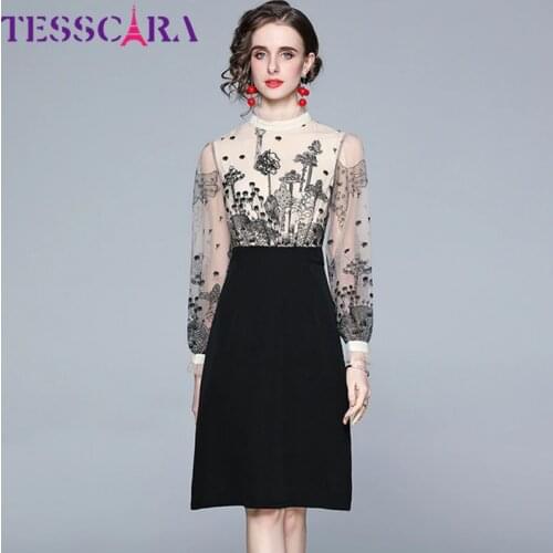 TESSCARA Women Spring Elegant Embroidery Mesh Dress Festa High Quality Vintage Party Robe Femme Lantern Sleeve Designer Vestidos