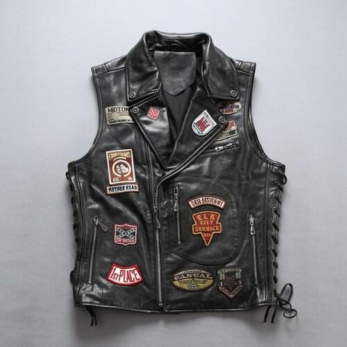 Embroidery Cow Skin Vests Men Good Quality Turn-down Collar Cowhide Leather Stylish Rider Vest Real Leather Vest Asian Size