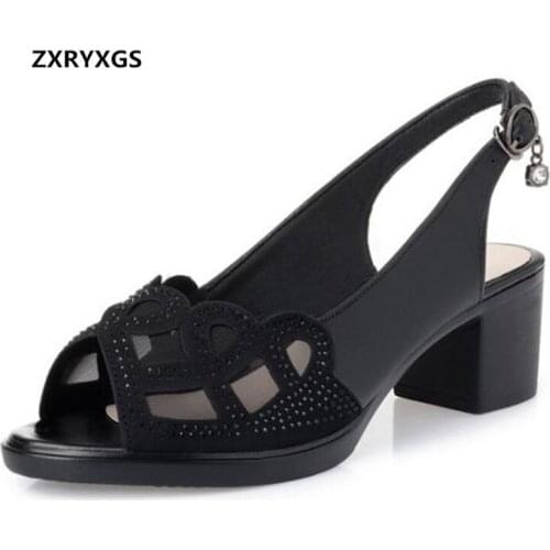 ZXRYXGS Summer Open Toe Rhinestone Mesh Genuine Leather Sandals Summer Shoes 2019 New Wild Fashion Sandals Thick Heel Shoe