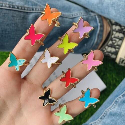 10PCS, Vintage Enamel Butterfly Adjustable Size Ring Unique Color Animal Rings Fashion Female Jewelry