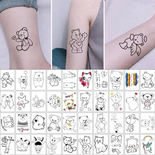 42pc/Lot New Line Bear Temporary Tattoo Stickers Male Cartoon Cute Art Fake Tattoos Personality Girl Heart Dark Tattoo Stickers