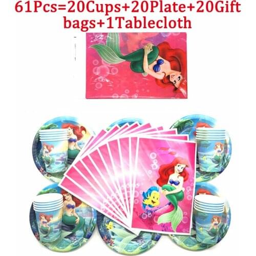 61/81Pcs Disney Mermaid Princess Theme Girls Birthday Party Decoration Disposable Tableware Peper Cup Plate Baby Shower Supplies