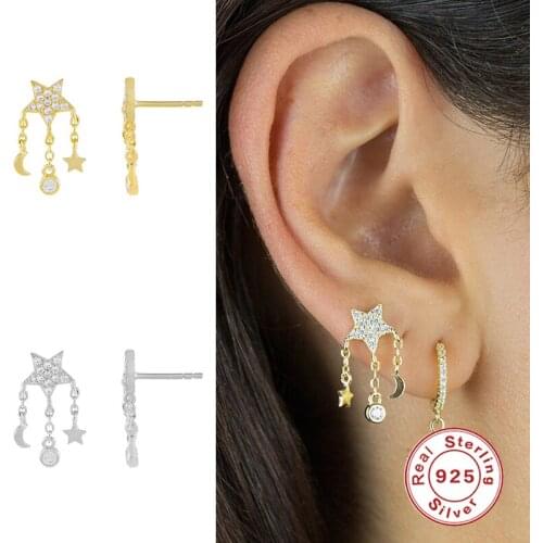 Aide 925 Sterling Silver Elegant Crystal Moon Star Pendant Drop Earrings Shine Zircon Chain Tassel Dangle Earrings For Women
