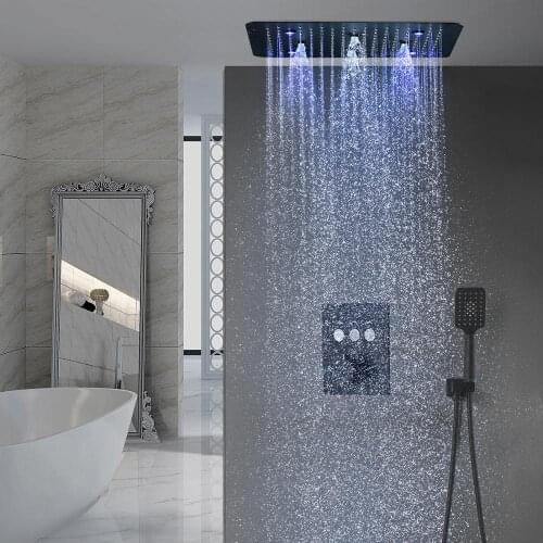 Bathroom Accessories Matt Black Shower Faucet Head Kit Colorful LED 3 Function Button Switch Thermostatic Shower Set