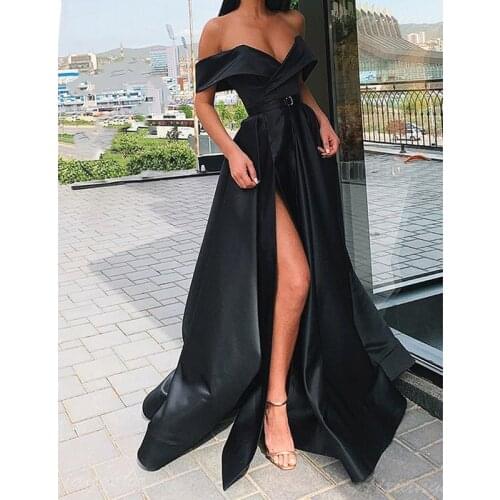 2020 Off Shoulder Satin Prom Dresses with Pockets High Split Sleeveless Formal Wedding Party Gowns Robe De Soiree