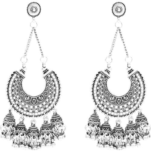 Bollywood Oxidized Jewellery Afghan Long Tassel Bells Drop Flower Jhumka Indian Earrings Tribal Wedding Party Jewelry Gift