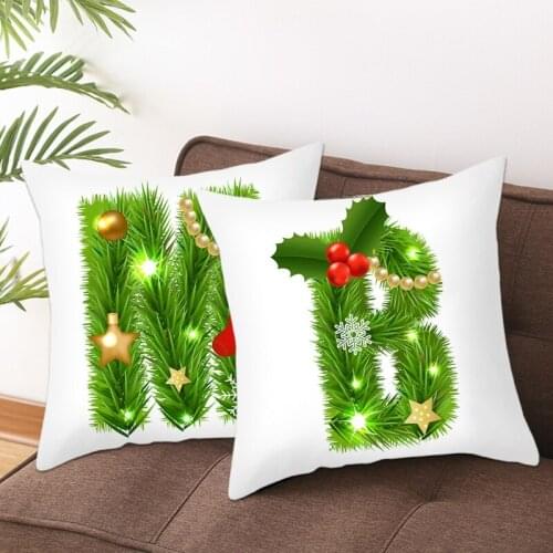 Merry Christmas Decorative Throw Pillow Case 26 Green Letters Alphabet Printed Polyester Velvet Holiday Cushion Cover