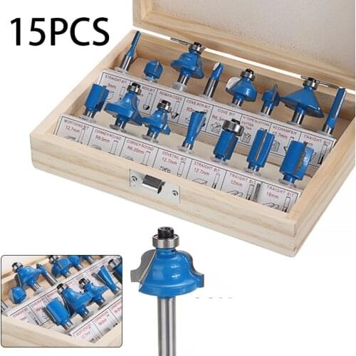 15pcs/set blue Woodworking Milling Cutters 6.35mmShank Carbide Router Bit For Wood Cutter Engraving Cutting Tools