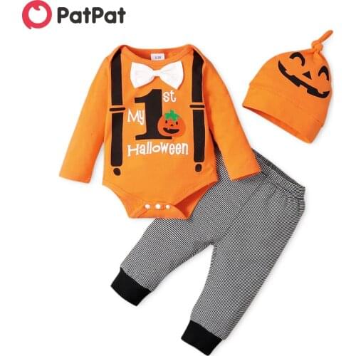 PatPat Halloween 3pcs Letter and Pumpkin Print Bowknot Baby Romper Set