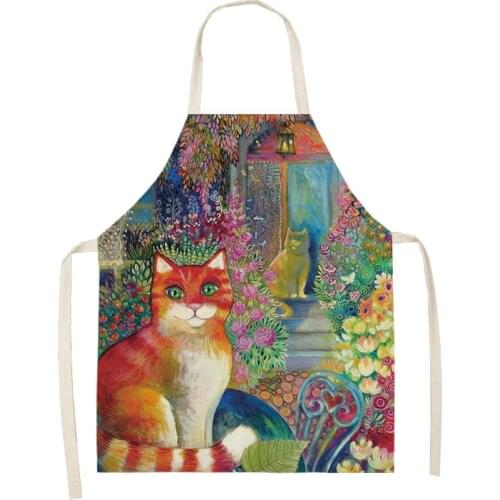 Pet Cat Colorful Printed Kitchen Aprons for Women Adults Cotton Linen Home Cleaning Cooking Delantal Cocina Aprons for Woman