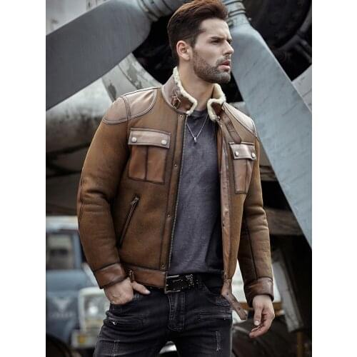 Men Shearling Sheepskin Genuine Leather Coat B3 Bomber Jacket Retro Aviator Outerwear Trench Flight Grey Winter Thick Jacket