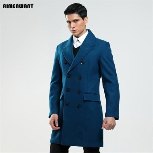 AIMENWANT Custom made mens British fashion S-6XL wool coat Russian man double breasted lake blue trench free shipping Cloth