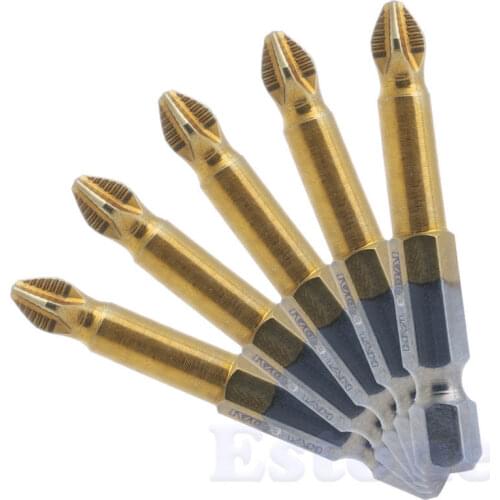 New 5Pcs Titanium Coated Hex Shank Anti Slip Electric Screwdriver Bits PH2 50mm -Y103