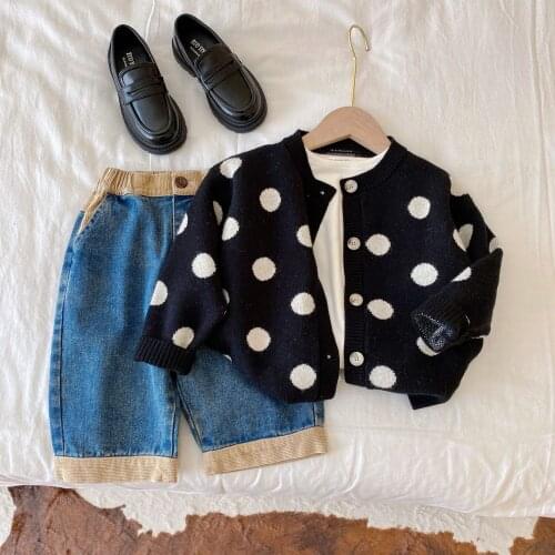 2021 autumn new Korean childrens wear dot sweater mens and womens baby casual cardigan coat Childrens sweater