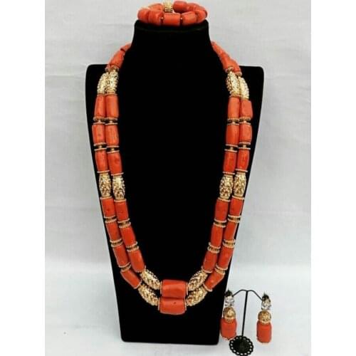 Original Coral African Beads Jewelry Set Coral and Gold Dubai Women Costume Statement Jewelry Set Coral Party Jewelry CNR869