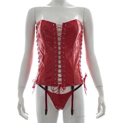 Sexy Women Patent Leather Wetlook PVC Vinyl Front Lace Up Strapless Bustier Corset with Garter Belt Queening Outfit