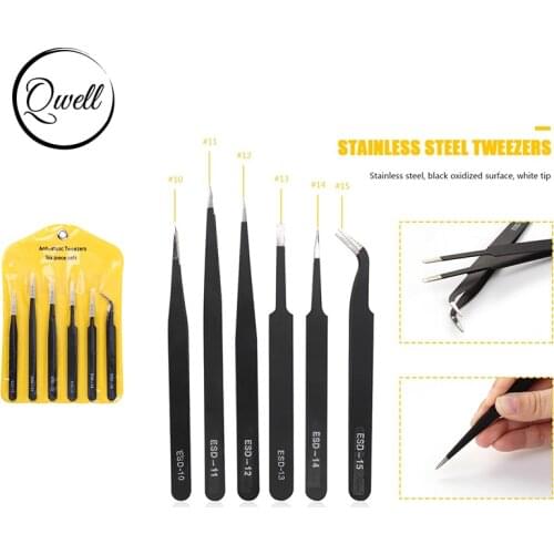 QWELL 6pcs/set Tweezers with Caps Set Anti Static Stainless Steel for Picking Up Electronics Repairing Hand Tools Multifunction