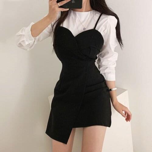 Dress Women Black Vintage Spaghetti Strap V-neck Pleated Irregular Mini Vestido Harajuku Chic Party Elegant Lady Fall Vestidos