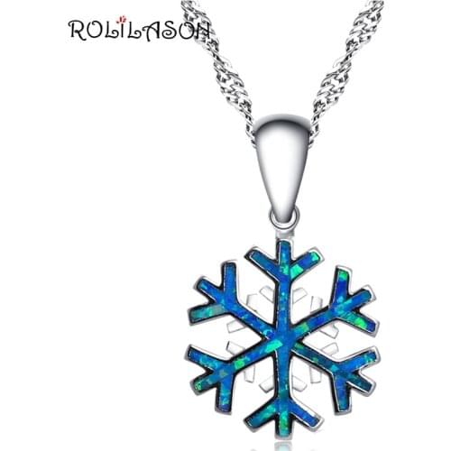 ROLILASON Snowflake style Amazing Blue Fire Opal Silver Stamped 925 Necklace Pendants for lady anniversary OP746