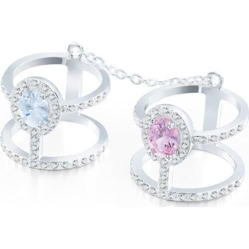 Luxury Silver Color jewelry ring sets 2pc oval pink white crystal cz promise engagement rings for women Wedding Gift Wholesale