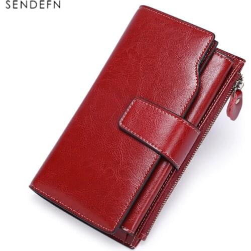 Sendefn RFID Luxury brand Wallet Women Long oil wax leather cell phone clutch Cowhide Retro wallet Ladies card holder portfel