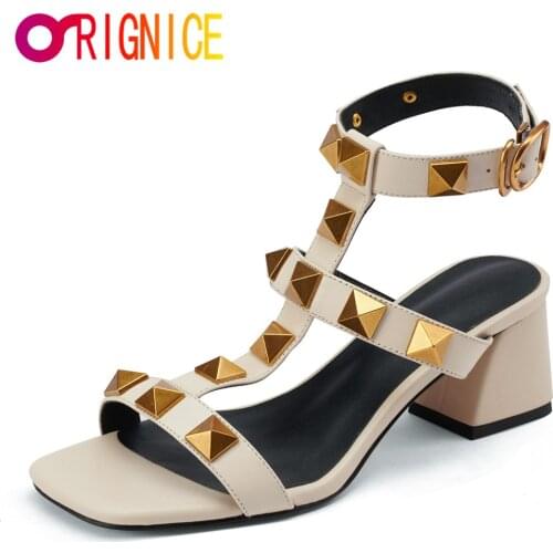 Orignice Luxury Thick Heel T-Strap Gladiator Sandals Female Summer Rivet Studded Fashion Square Open Toe Roman Patry Dress Shoes