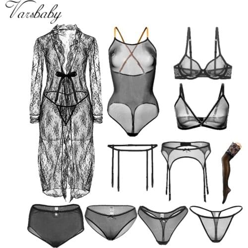 Varsbaby sexy lace unlined underwear plus size lucky bag 2 bras + 2 panties + 2 garters + stockings + robe + 2 thongs +nightgown
