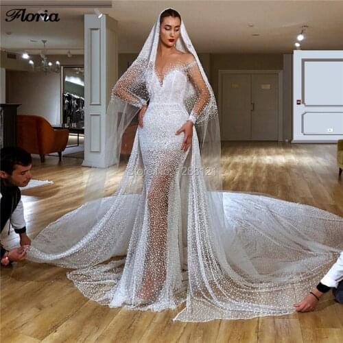 Dubai Royal Long Train Pearls Wedding Dresses Vestido De Noiva 2020 Couture Custom Made Bridal Gowns Saudi Arabia Bride Dress
