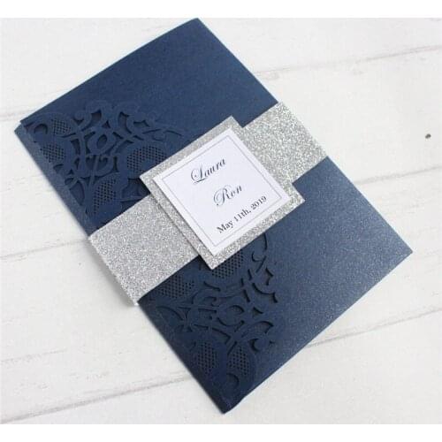 Wedding invitation anniversaire laser cutting with envelop glittery silver belly band tri-folding offer customized printing