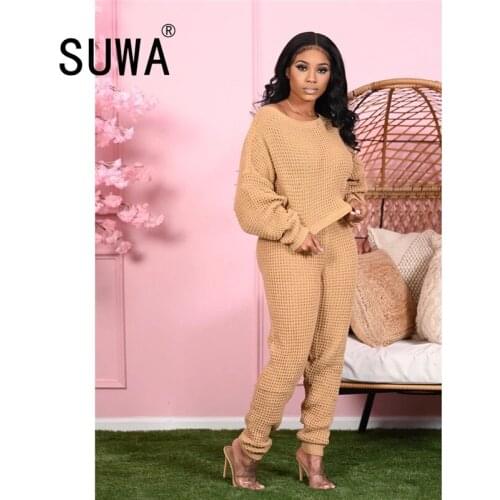 Knit Fall Winter Fashion Clothes Long Sleeve Pullover Top And Baggy Pants Office 2 Piece Outfits For Women Matching Sets