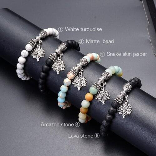 Vintage natural 8mm stone beads handmade beaded tree of life charm bracelet personality for unisex girl elegant jewelry
