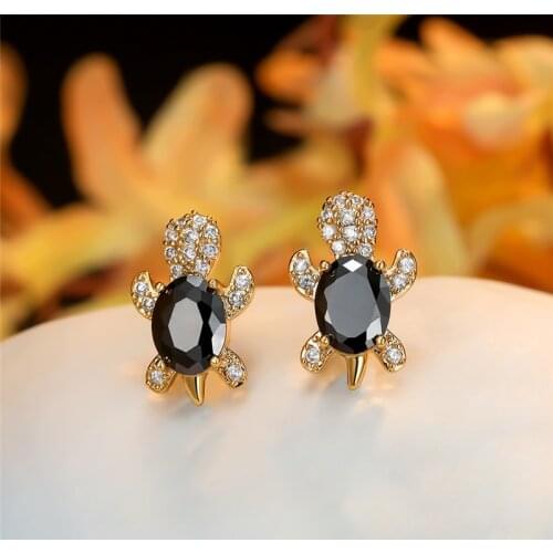 Vintage Black Zircon Oval Stone Cute Turtle Earrings For Women Wedding Jewelry Gold/Black/Rose Gold/Silver Color Stud Earrings