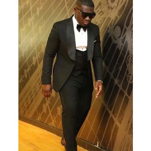 High Quality One Button Black Groom Tuxedos Shawl Lapel Groomsmen Mens Wedding Prom Suits (Jacket+Pants+Vest+Tie) NO:87