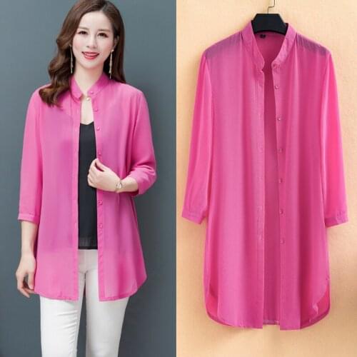 2020 Summer New Women Stand collar Chiffon Blouse Candy color Button Thin ladies Coat Large size Female Sun protection clothing