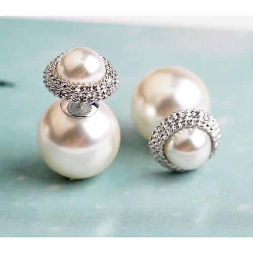 USTAR simulated pearl stud earrings for women Silver color double side female earrings Fashion Jewelry Brincos Bijoux