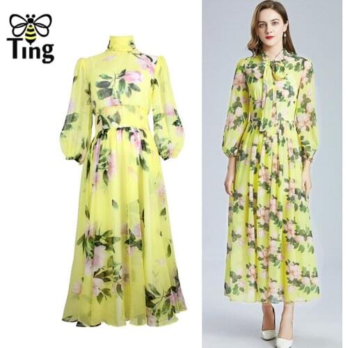 Tingfly Summer Fashion Runway Long Dress Women High Waist Flower Floral Print Boho Holiday Chiffon Long Dress Party Dinner Elbis