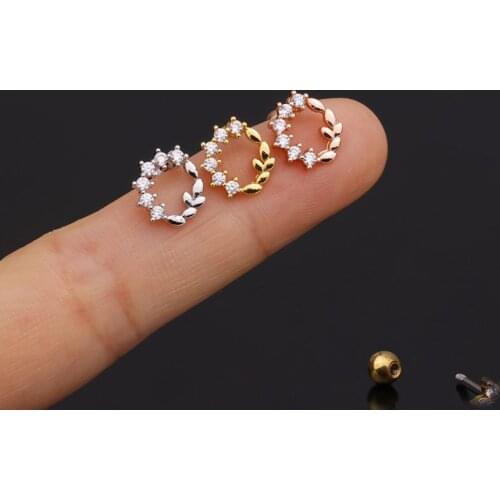 1 PCS Cute Small Zircon Leaf Circle Shape Ear Cartilage Piercing Stud Earring Gold Color Stainless Steel Bar Ball Helix Earring