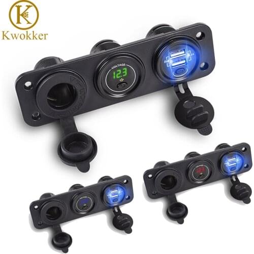 12V-24V Dual USB Charger With Cigarette Lighter + Digital Display Voltmeter Car USB Socket + On/Off Switch USB 4.2A Car Charger