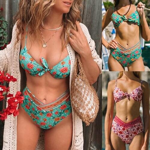 2020 new high waist split swimsuit female floral split swimsuit ladies bikini European and American style