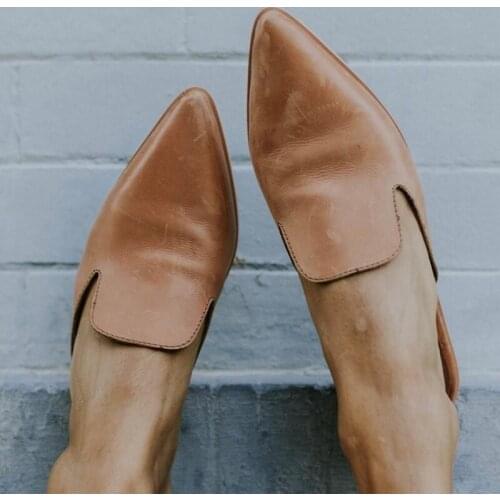 2020 Low Heel Slippers PU Leather Women Fashion Shoes Pointed Toe Slides Patchwork Sandal Ladies