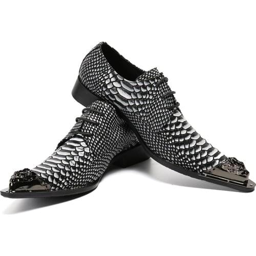 Christia Bella Snake Skin Print Real Leather Men Oxfords Pointed Toe Lace Up Business Brogue Shoes Party Formal Shoes for Men