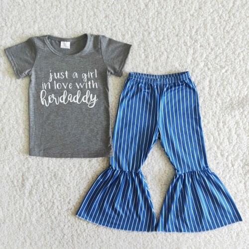 "Just a girl in love with her daddy" Vinyl Slogan Grey Cotton Top+Pants 2 Pieces Set for Girls