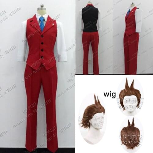 5PCS Ace Attorney Apollo Justice Red Vest men womenSuit Outfit Cosplay Costume Full Set Halloween Cosplay Costume and wigs tie