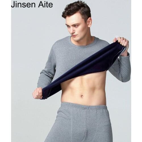 Jinsen Aite Winter 2018 New Arrival Thicken Velvet Long Johns for Men Plus Size Wool Cotton Male Thermal Underwear Sets JS658