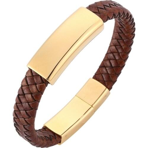 Punk Men Jewelry Vintage Brown Braided Leather Handmade Bracelet Male Golden Exquisite Stainless Steel Clasp Mens Bangles PD0322