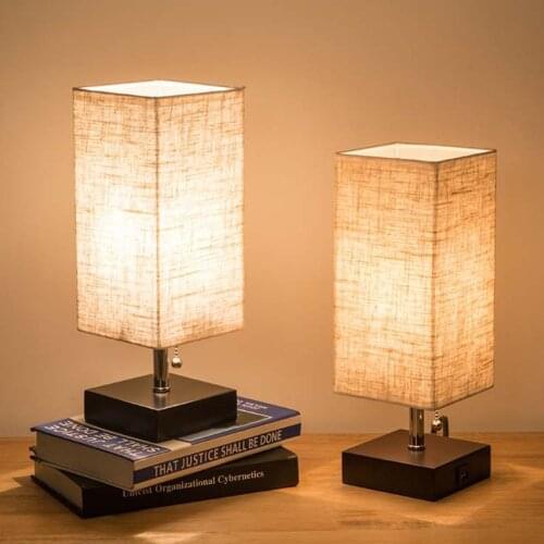 1 Set Wood Base Fabric Shade Bedside Table Lamp With USB Port & Pull Switch Modern Design Desk Lamp EU/US Plug